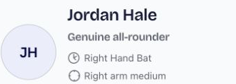 Jordan Hale’s demo player passport, showing their all-rounder role and batting and bowling styles